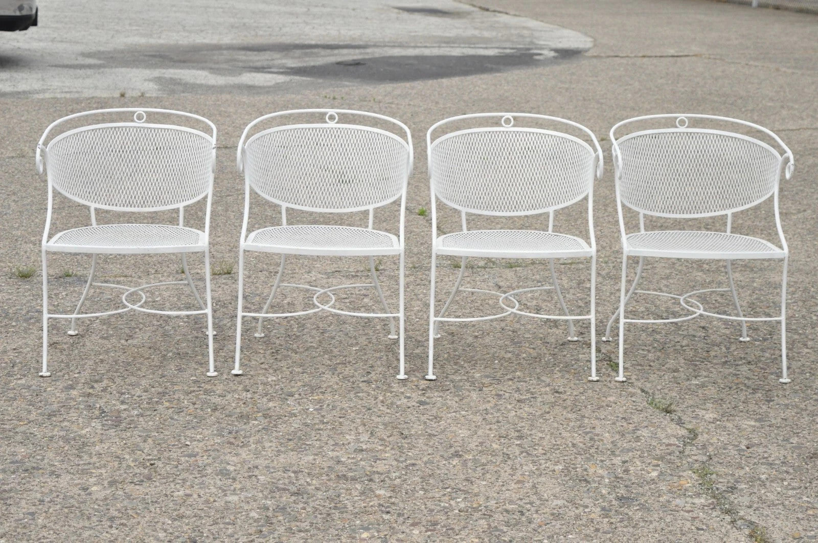 Vintage Hollywood Regency Scrolling Wrought Iron Barrel Back Patio Chairs Set 4