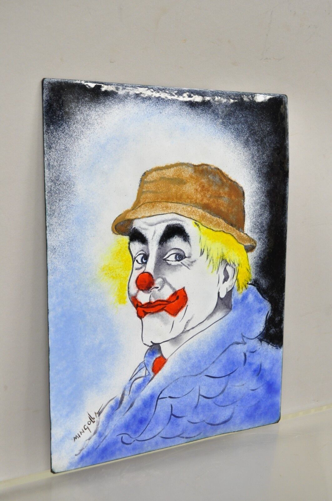 Dom Dominic Mingolla Enamel on Copper Painting Clown in Hat Portrait 12 x 9