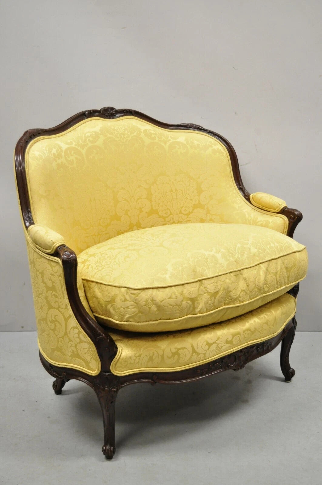 French Louis XV Style Gold Upholstered Wide Seat Lounge Chair Settee Bergere