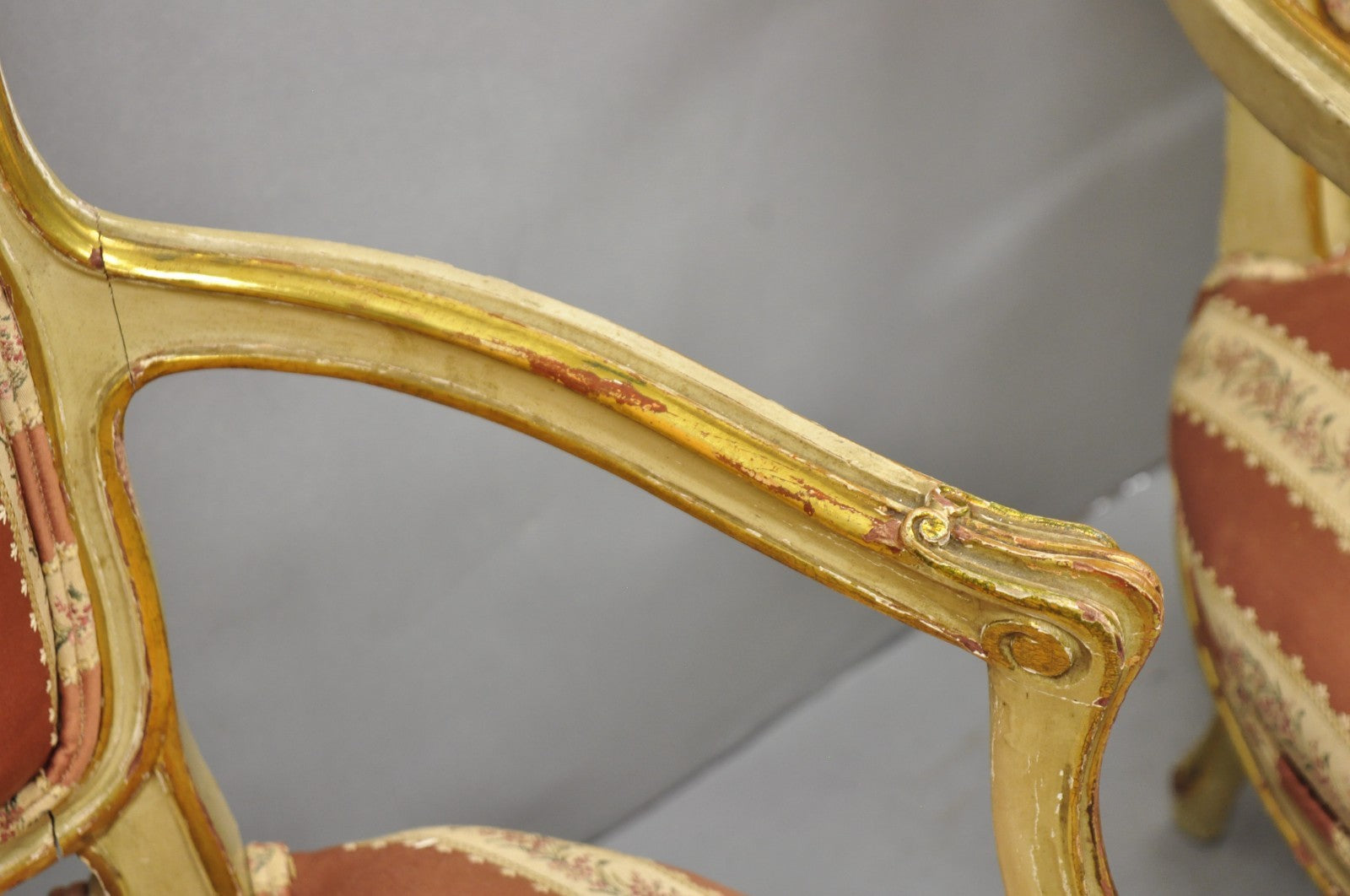 Antique French Louis XV Style Gold Giltwood Pink Stripe Fauteuil Arm Chair, Pair