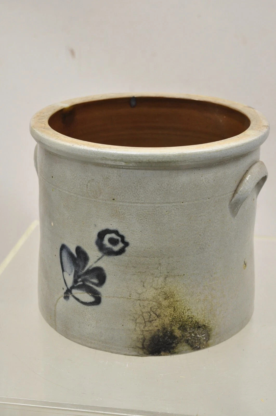 Antique Stoneware Salt Glazed 9" Round Pottery Crock Pot with Blue Flower
