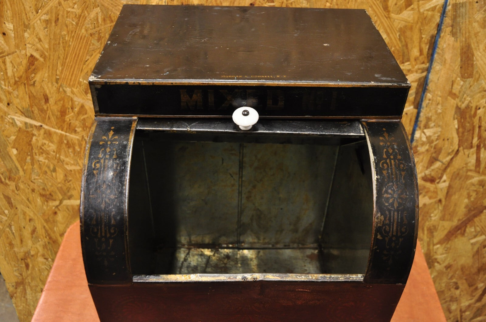 Antique Morgan & Cornell NY 1890 Tin Rolltop Tea Hopper Store Spice Bin Display