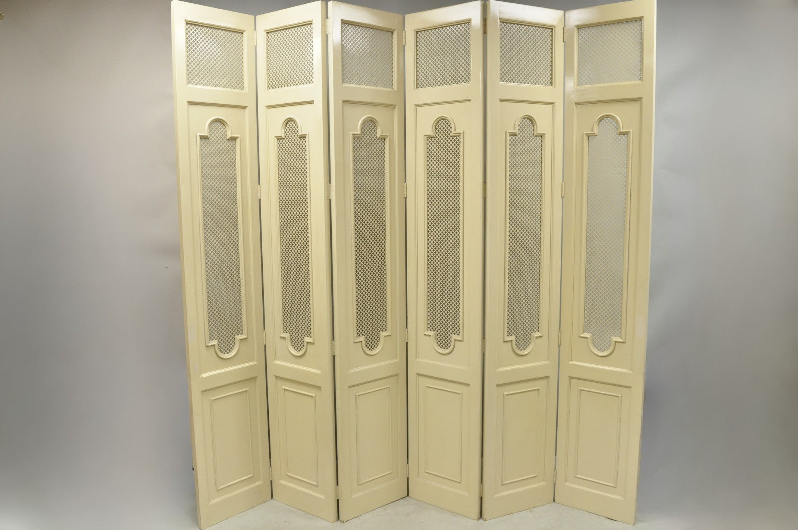 Vintage Lrg Hollywood Regency 92" Tall 6 Panel Bone Lacquer Room Divider Screen
