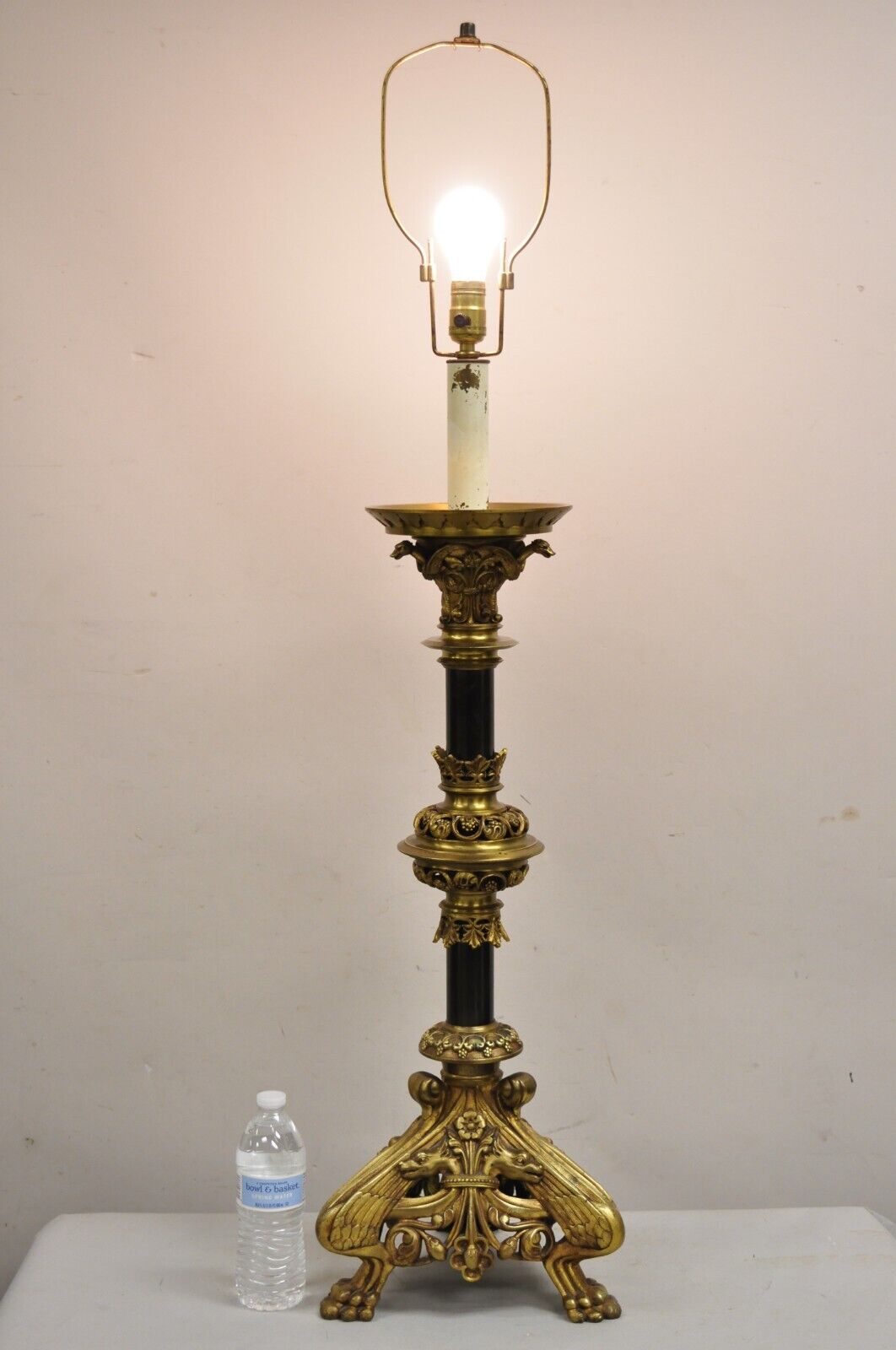 Antique French Gothic Revival Figural Bronze Candlestick Table Lamp by Leandri