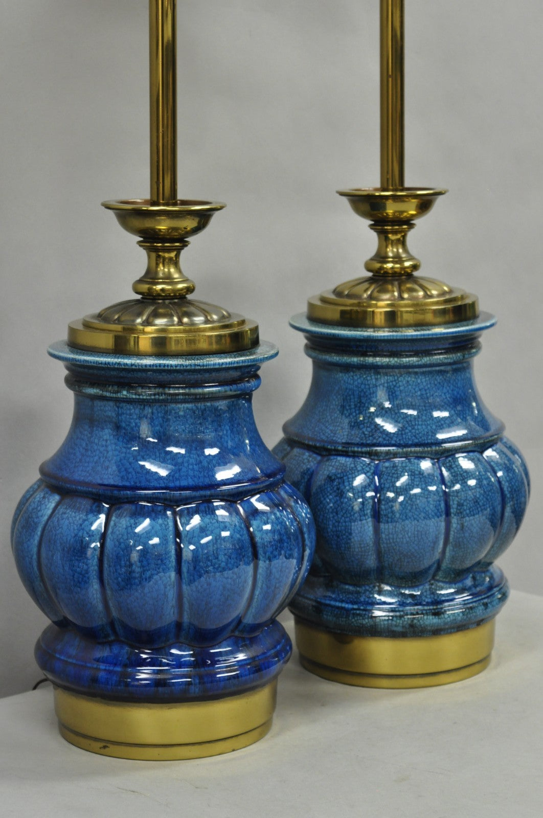 Stiffel Mid Century Modern Blue Crackle Glazed Ceramic Brass Table Lamps
