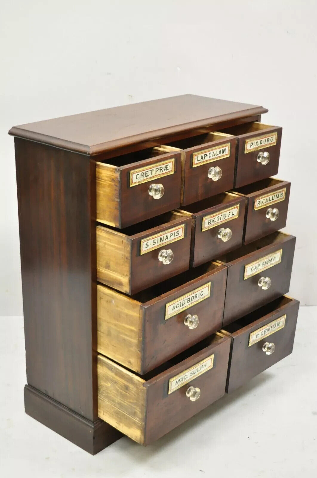 19th C. Victorian Mahogany Apothecary Medicine Cabinet w/ 10 Drawers Glass Pulls