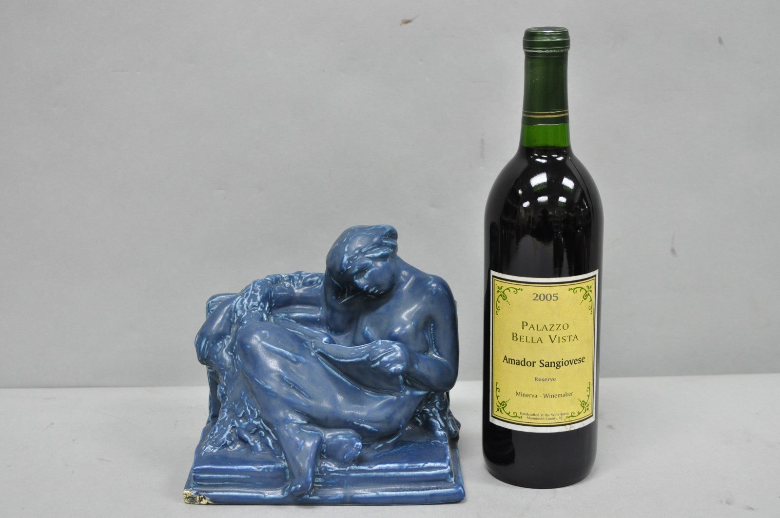 Antique Rookwood Blue Glazed Ceramic Nude Female Figure Reading Book Bookend