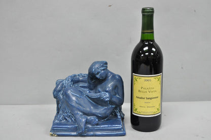 Antique Rookwood Blue Glazed Ceramic Nude Female Figure Reading Book Bookend