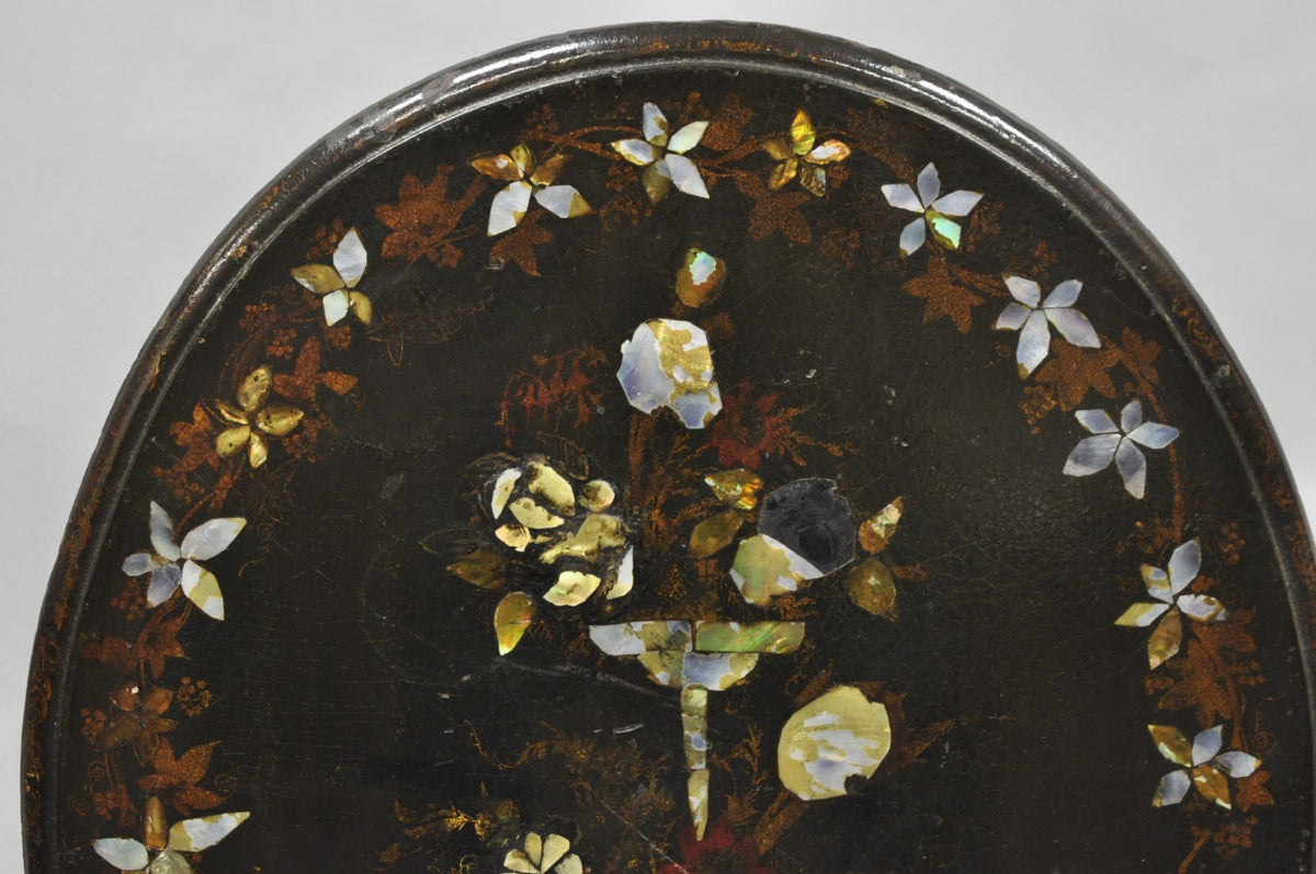 Antique English Victorian Mother of Pearl Inlay Black Lacquer Tilt Top Table