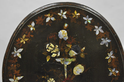 Antique English Victorian Mother of Pearl Inlay Black Lacquer Tilt Top Table