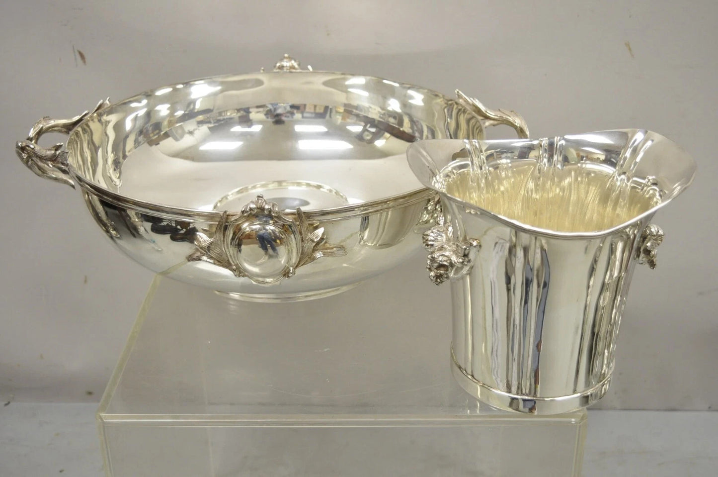English Victorian Royal Castle Silver Plated Ice Bowl & Champagne Chiller Bucket