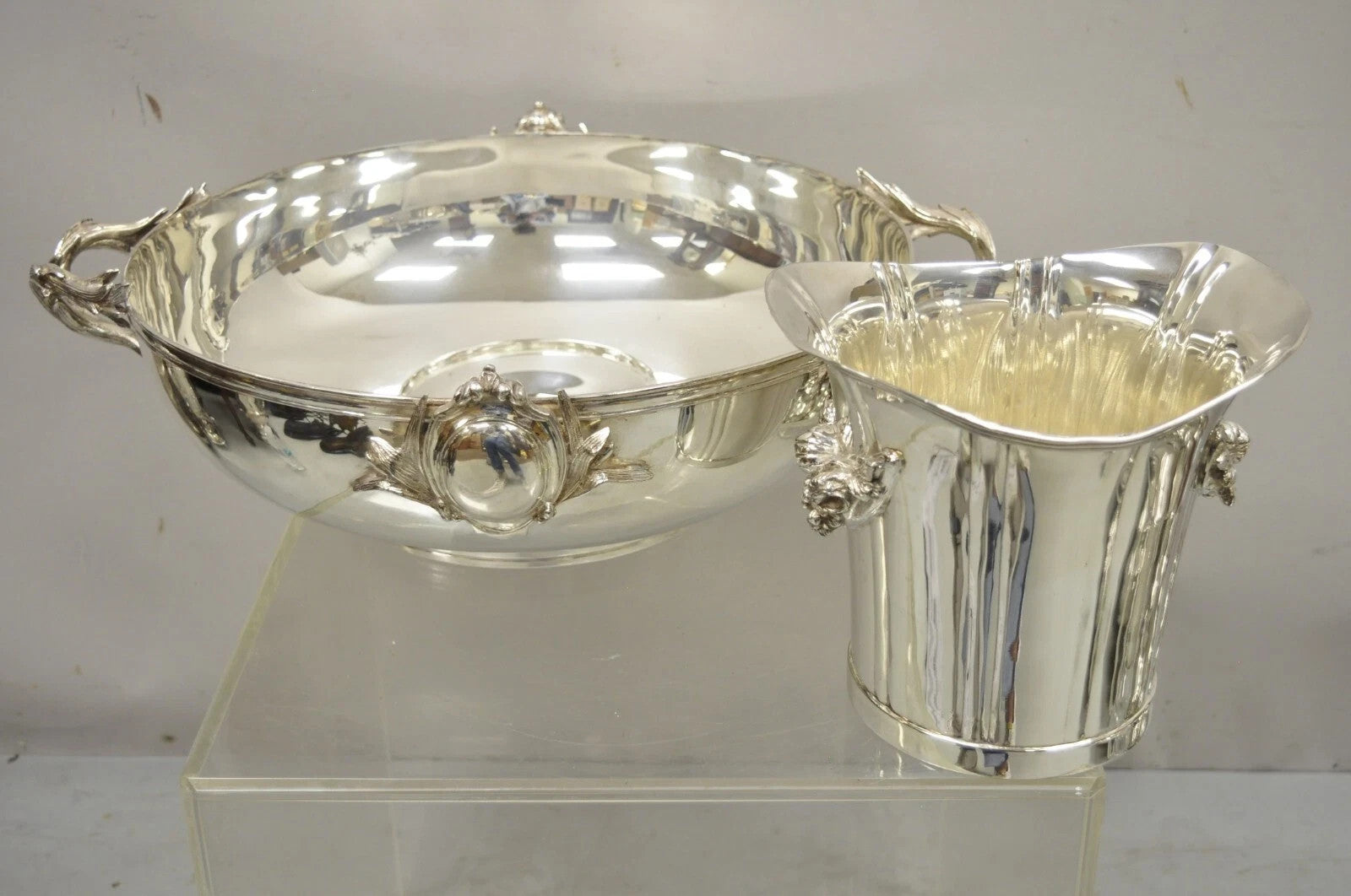 English Victorian Royal Castle Silver Plated Ice Bowl & Champagne Chiller Bucket