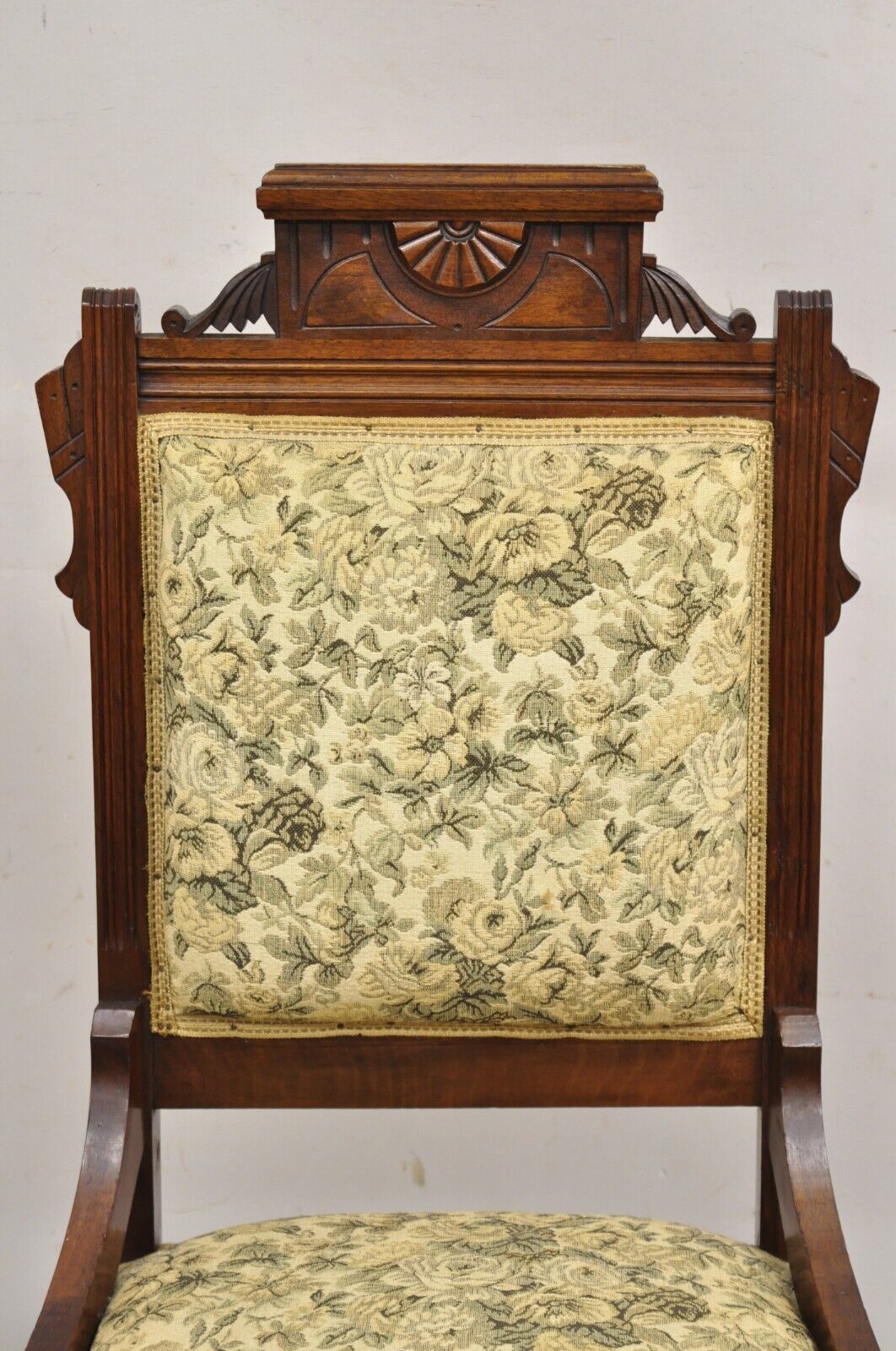 Antique Eastlake Victorian Carved Walnut Parlor Side Chair with Floral Tapestry