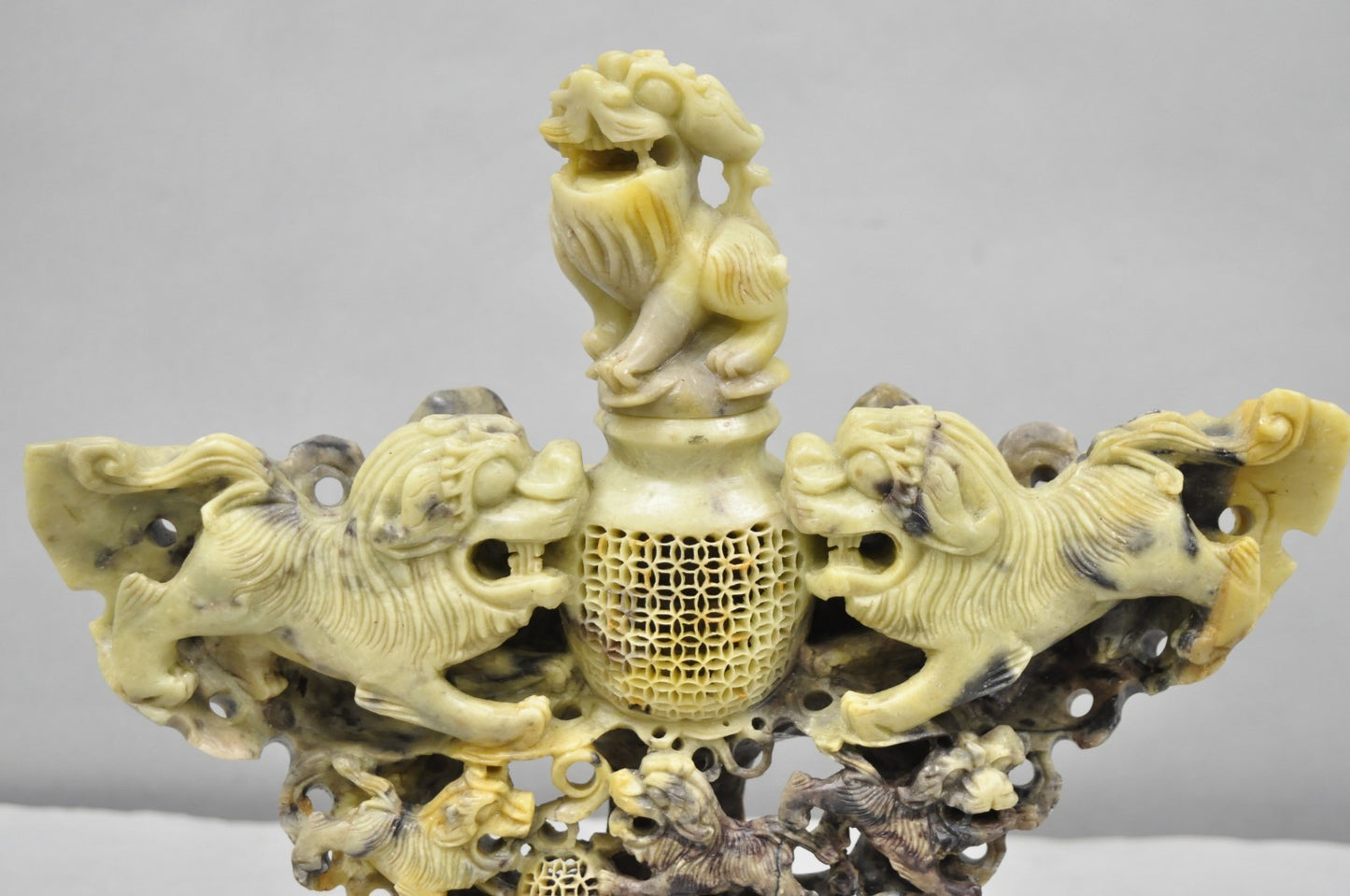 Vintage Chinese Carved Soapstone Foo Dog Figural Incense Burner Sculpture