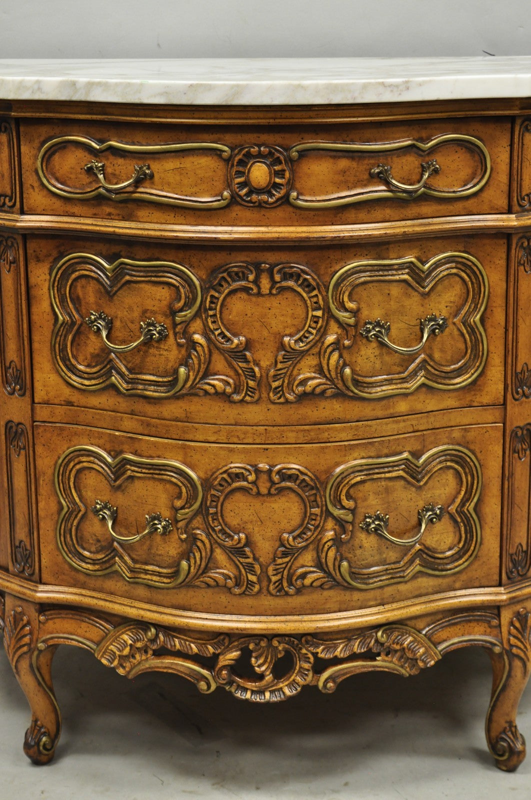 Vintage French Louis XV Style Bombe Demilune Marble Top Floral Painted Commode