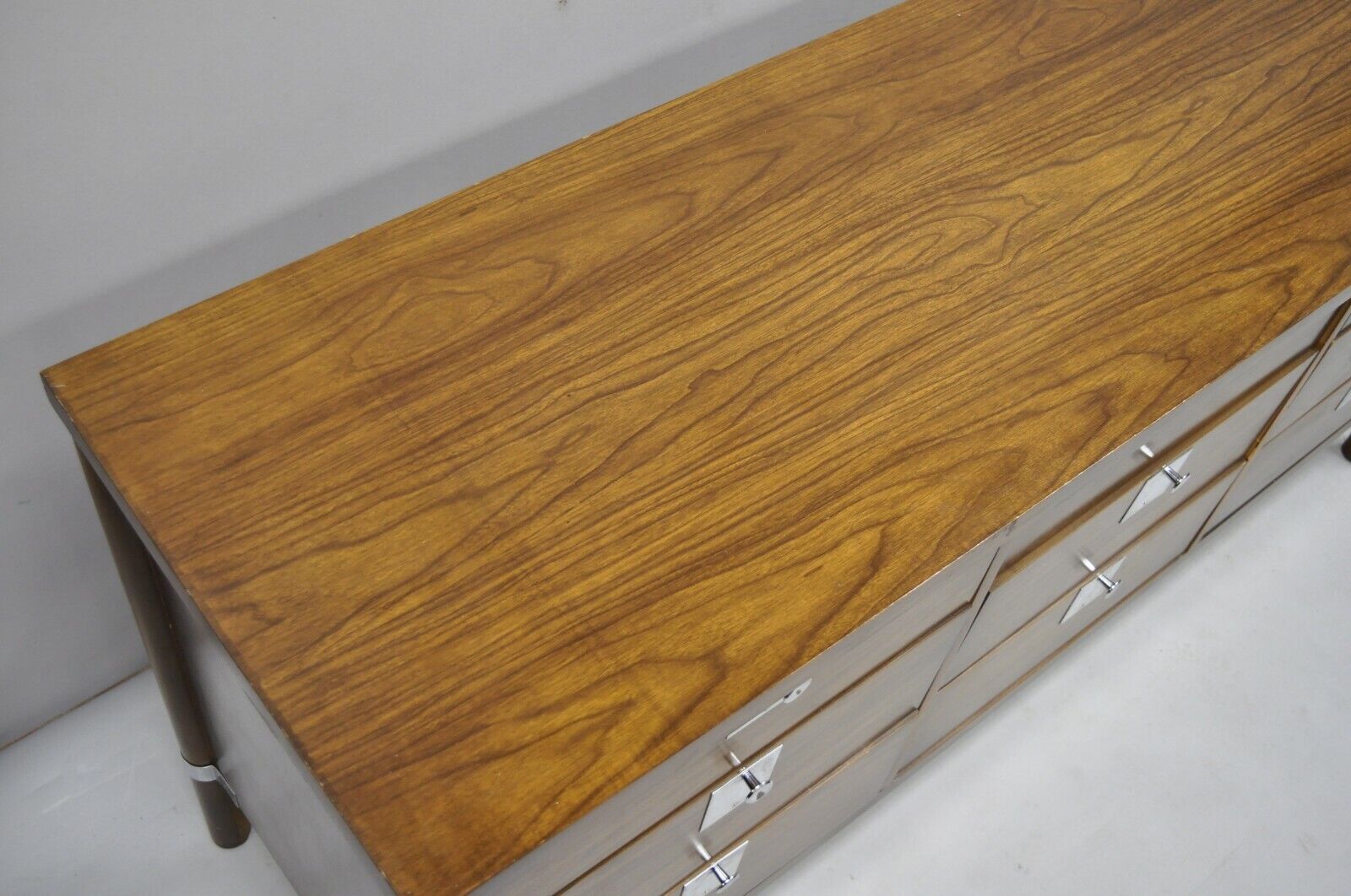 Vintage Mid Century Modern Walnut & Chrome 9 Drawer Credenza Dresser w/ Mirror
