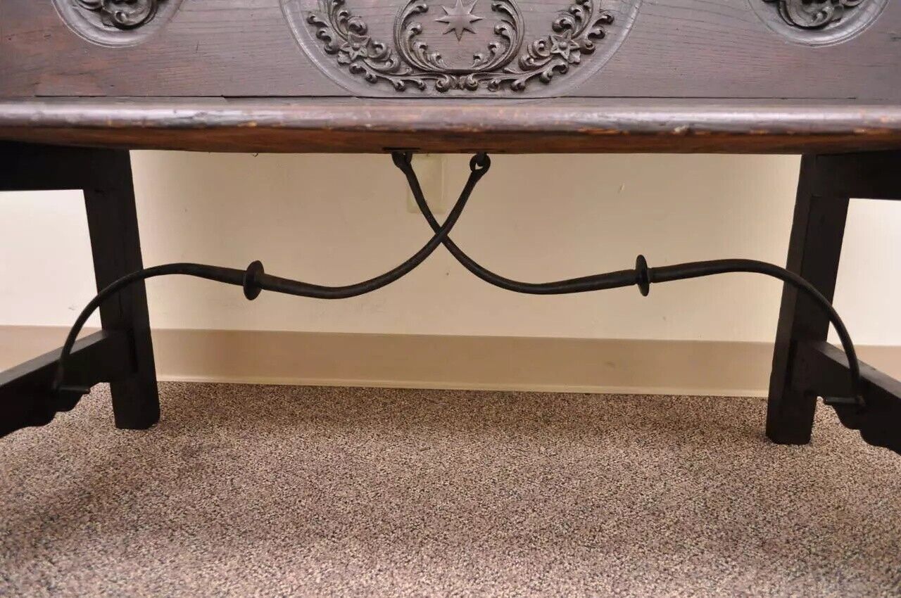 Antique 17th C. English Renaissance Carved Oak and Wrought Iron Bench Banquette