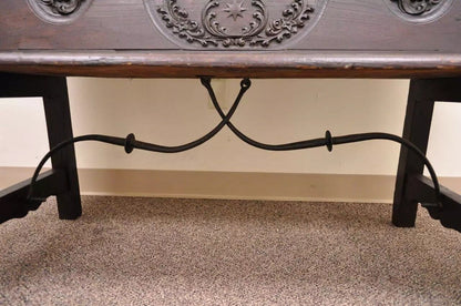 Antique 17th C. English Renaissance Carved Oak and Wrought Iron Bench Banquette