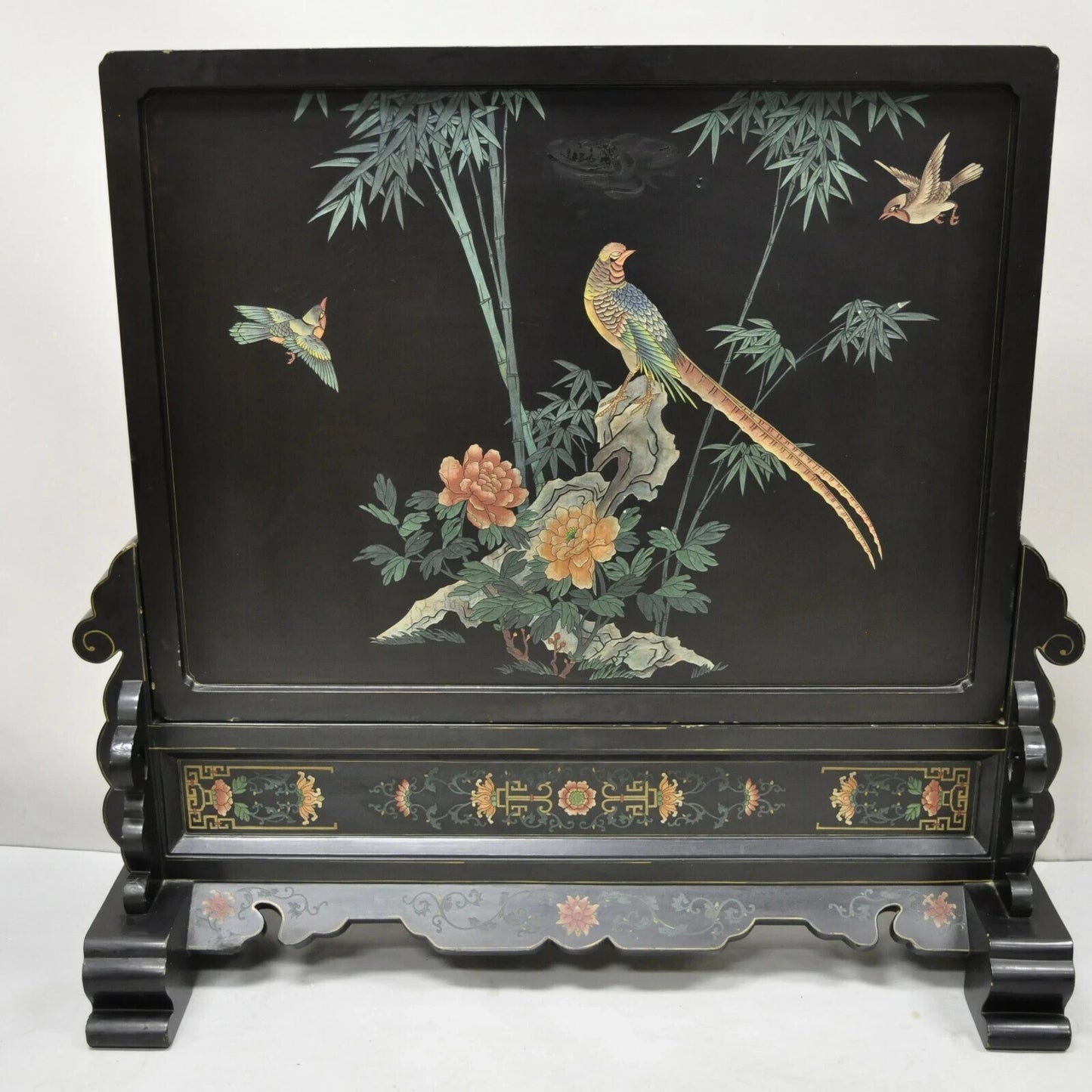 Vintage Chinese Black Lacquer Oriental Fireplace Screen Fire Screen Divider