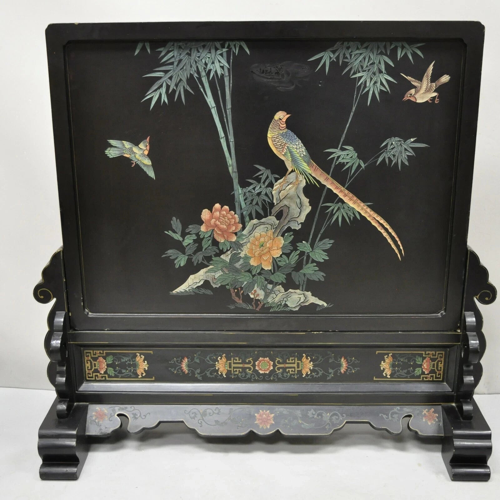 Vintage Chinese Black Lacquer Oriental Fireplace Screen Fire Screen Divider
