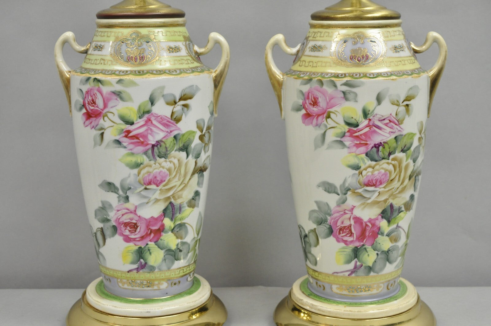 Antique French Victorian Hand Painted Porcelain Pink Rose Table Lamps - a Pair