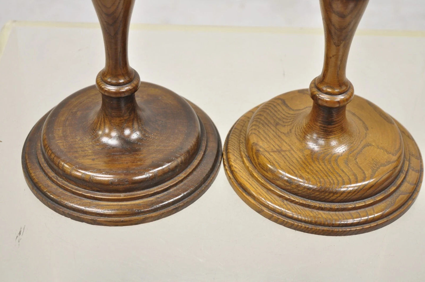 Vintage Italian Renaissance Jacobean Turn Carved Oak Wood 18.5" Candlestick Pair
