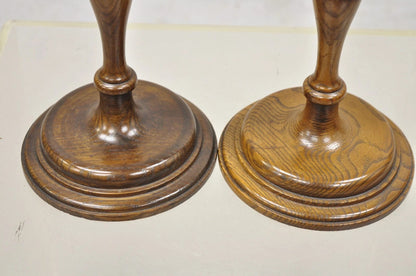 Vintage Italian Renaissance Jacobean Turn Carved Oak Wood 18.5" Candlestick Pair