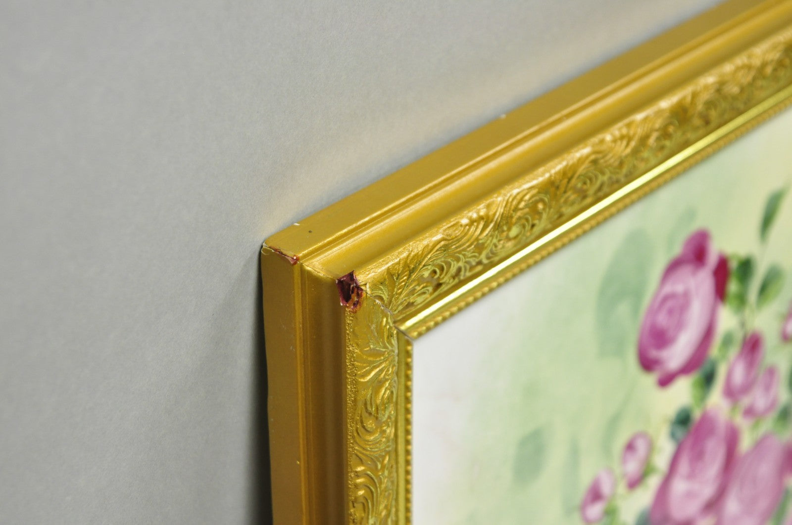 Mary Wilson French Hand Painted Porcelain Plaque Pink Rose Flower Painting (A)
