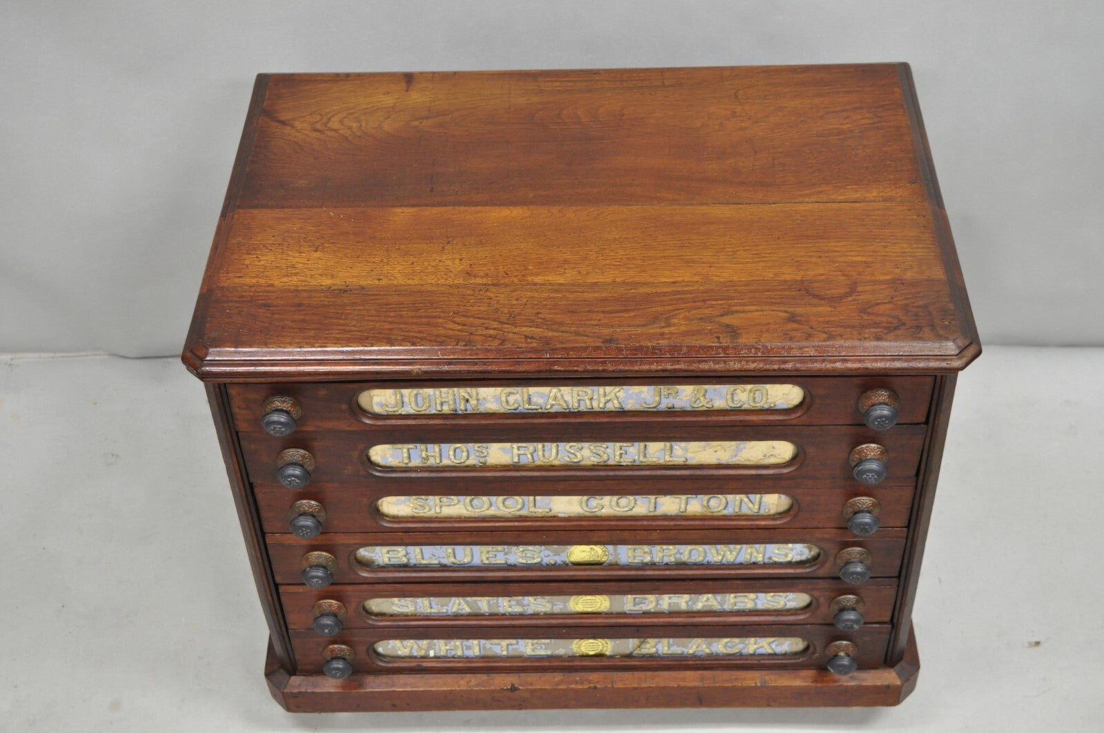 Antique John Clark Walnut 6 Drawer Sewing Spool Cabinet w Reverse Painted Glass