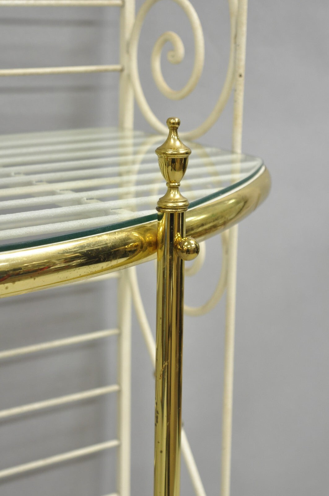 Vintage French Country White Wrought Iron & Brass 3 Tier Pastry Bakers Rack