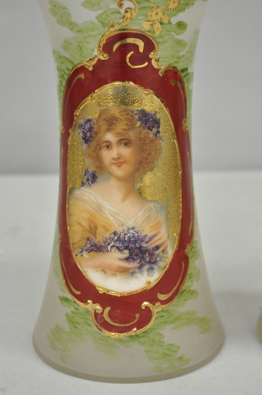 Vintage German Victorian Frosted Glass Painted Figural Woman Bust Vase - a Pair