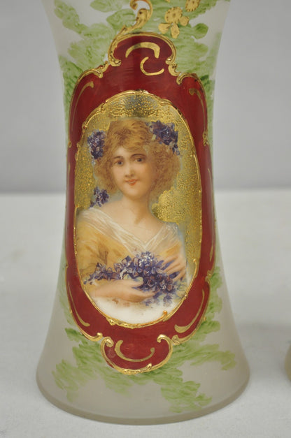 Vintage German Victorian Frosted Glass Painted Figural Woman Bust Vase - a Pair
