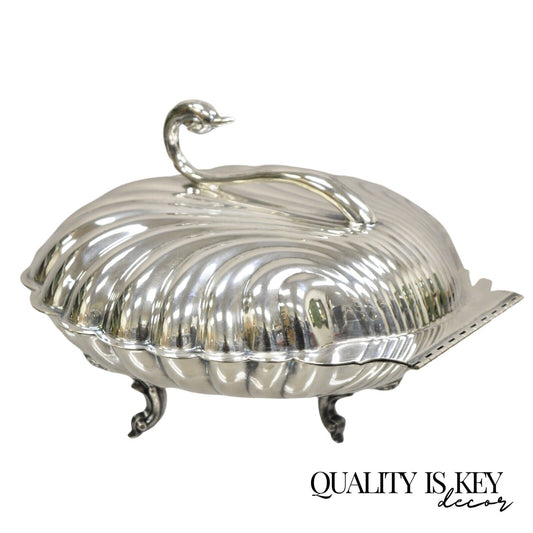 Leonard Regency Style Silver Plated Clam Shell Hinged Warmer with Swan Handle