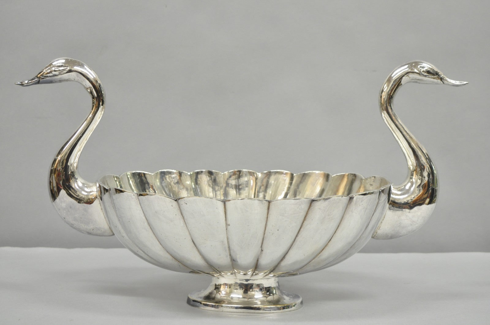 Vintage Italian Regency Silver Plated Figural Double Swan Bird Oval Fruit Bowl