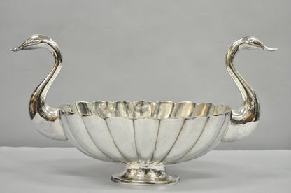 Vintage Italian Regency Silver Plated Figural Double Swan Bird Oval Fruit Bowl