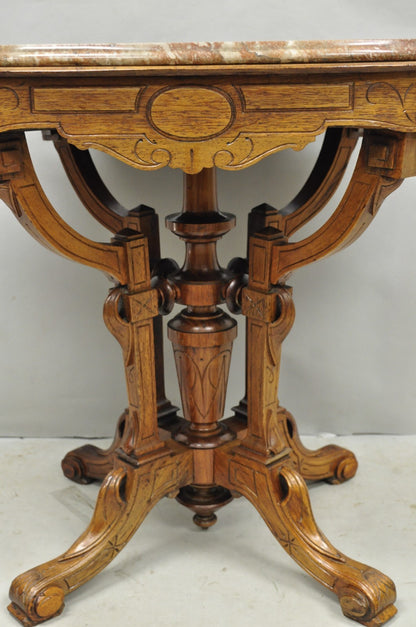 Antique Eastlake Victorian Carved Walnut Marble Top Parlor Lamp Side Table