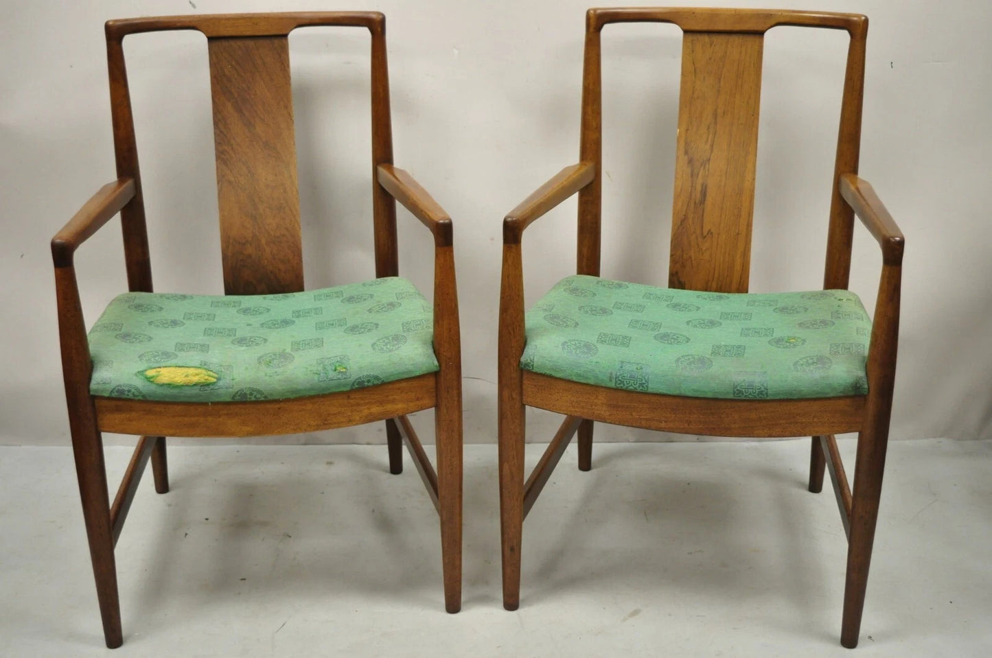 Vintage Mid Century Modern John Stuart Walnut Curve Back Dining Arm Chairs, Pair