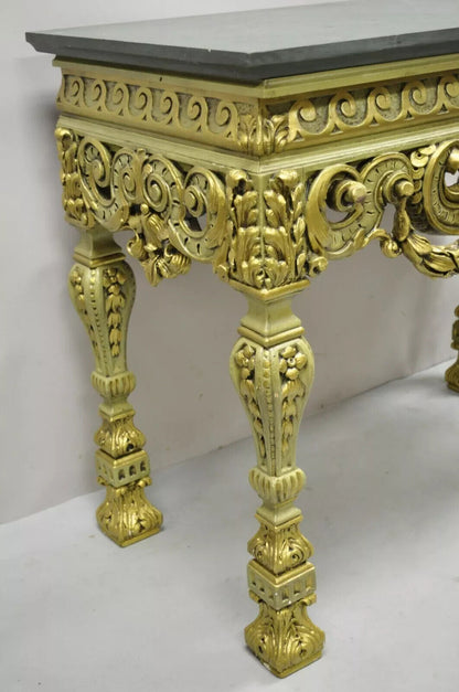 Vintage French Baroque Green Gold Gilt Figural Carved Slate Top Console Table