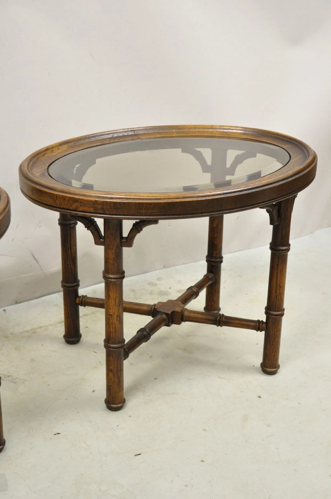 Vintage Chinese Chippendale Faux Bamboo Oval Small Glass Top Side End Table Pair