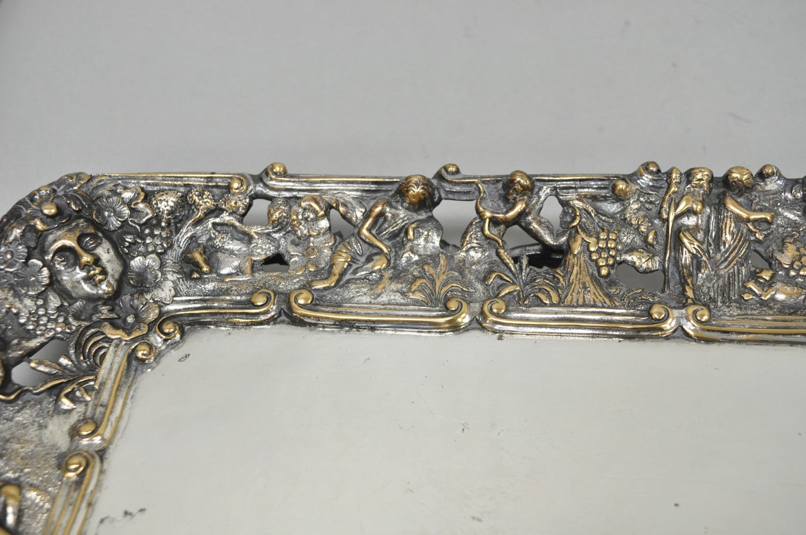 French Renaissance Bacchanal Scene Silver Plated Bacchus Figural Platter Tray
