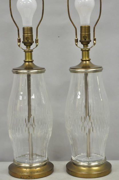 Vintage Bombay Co. Cut Crystal Glass Jardiniere & Brass Table Lamps - a Pair