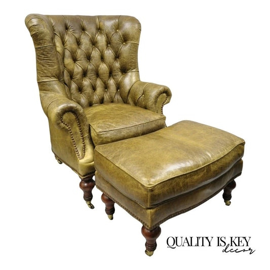 Lillian August Brown Green Leather Chesterfield Club Lounge Chair & Ottoman