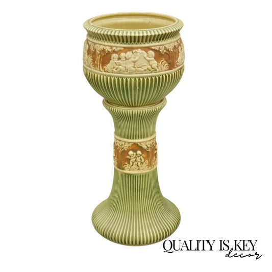 Antique Roseville Donatello Cherubs Art Pottery Jardiniere & Pedestal Flower Pot