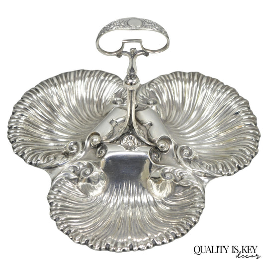 Antique English Victorian Silver Plated Triple Clam Shell Nautical Candy Dish