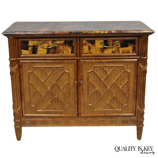 Chinese Chippendale Faux Bamboo Rattan Tortoiseshell Server Buffet Bar Cabinet
