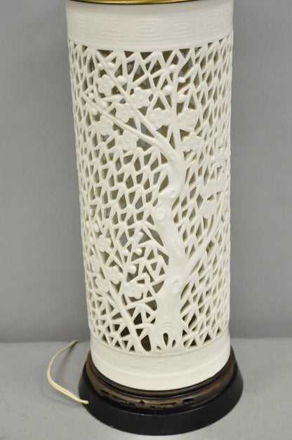 Vintage Chinoiserie White Porcelain Fretwork Cherry Blossom Tree Table Lamp