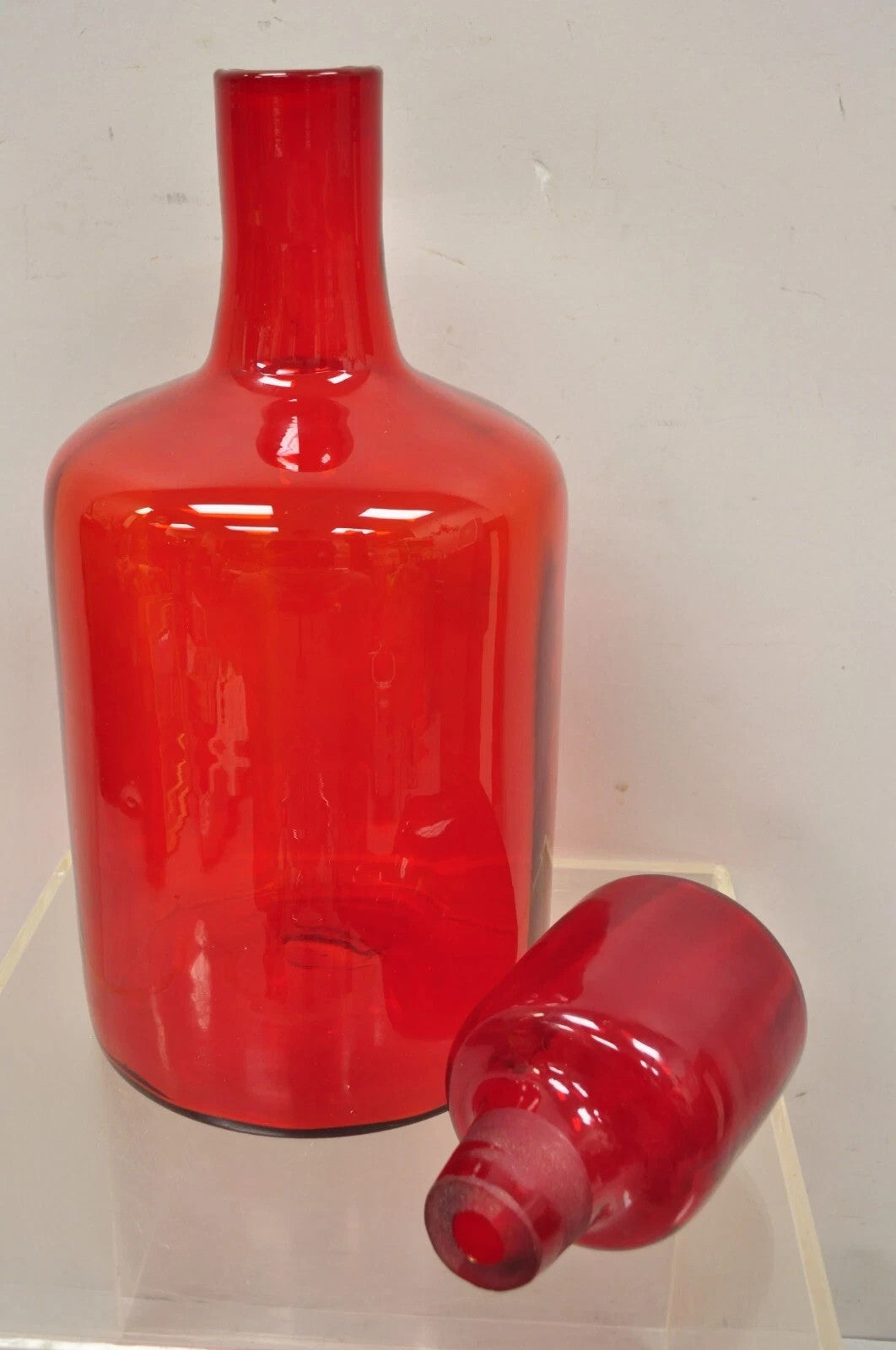 Mid Century Modern Blenko Large Red Blown Art Glass Vase Vessel Jug with Stopper