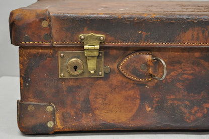 Antique Distressed Brown Leather English Art Deco 24" Suitcase Bag