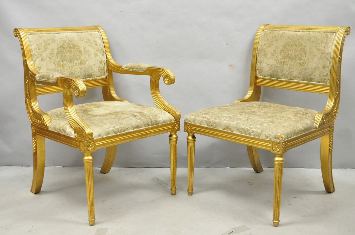Neoclassical Regency Style Gold Carved Wood Dining Room Chairs - Set of 10