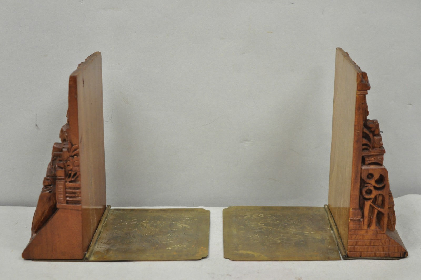 Vintage Chinese Hand Carved Hard Wood Scholar Bookends by George Zee - a Pair